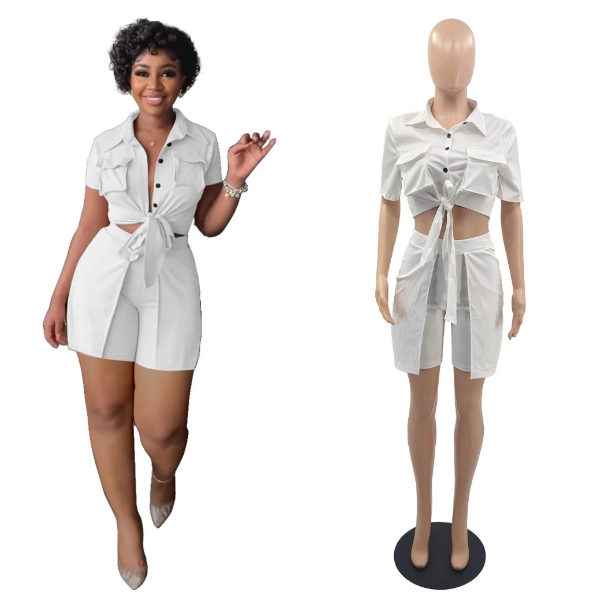 

2023 Casual Women Solid Tracksuit Two Piece Set Shirt + Short Pants Streetwear Matching Set Clothes For Women Summer Outfit
