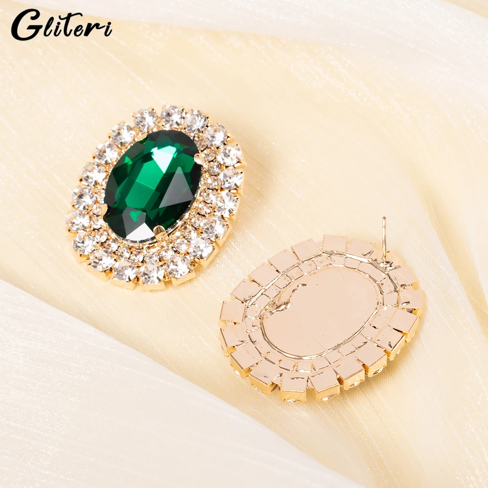 GEITERI 1Pair 2023 Fashion Shiny Oval Zircon Earrings For Women Girls Green Crystal Round Stud Earring Jewelry Party Gifts New