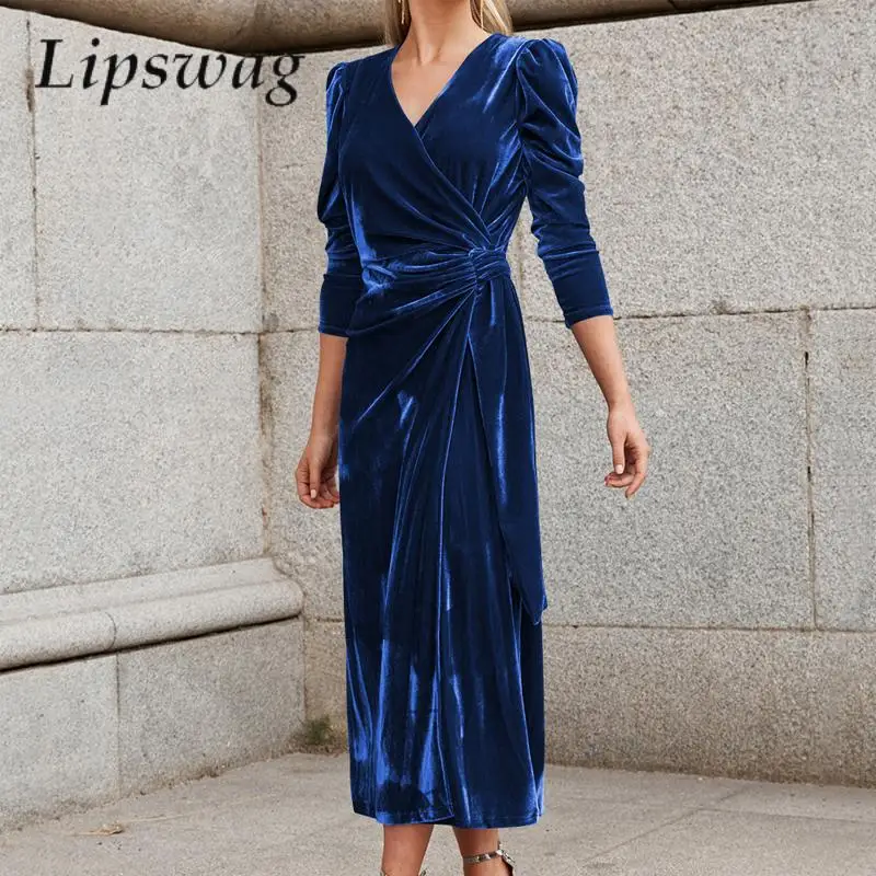 

Elegant Long Sleeve Velvet Silk Party Dresses Sexy V Neck Tie Draped Slim Long Dress Fashion Solid Women Commuting Vintage Dress