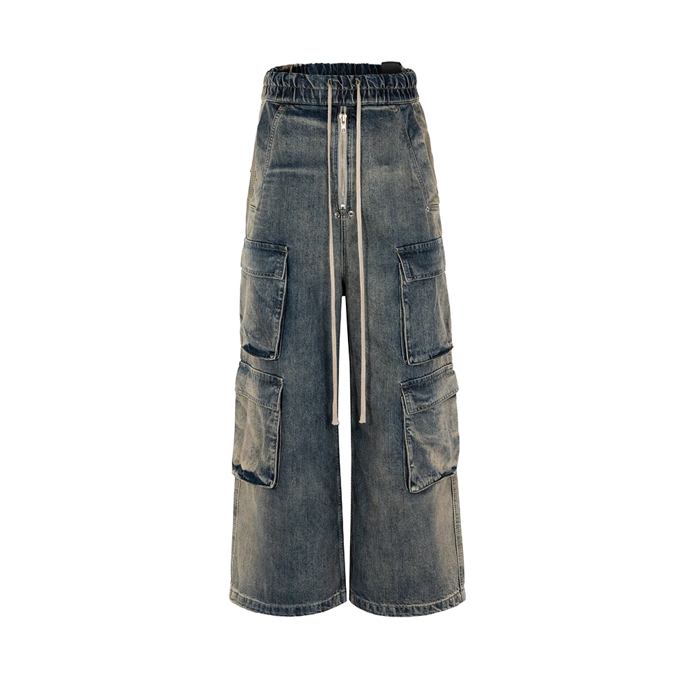RO Style Gradient Ribbons Multi-pockets Drawstring Jeans for Men Harajuku Streetwear Baggy Y2K Denim Trousers Oversized Cargos 5