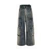 RO Style Gradient Ribbons Multi-pockets Drawstring Jeans for Men Harajuku Streetwear Baggy Y2K Denim Trousers Oversized Cargos 5