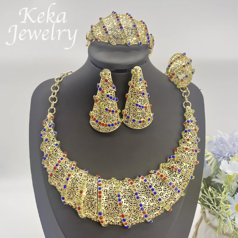 여성용 두바이 24k 금도금 쥬얼리 세트, 목걸이 반지 귀걸이 모양, 미적 선물, 섹시한 파티 여왕 결혼 선물 