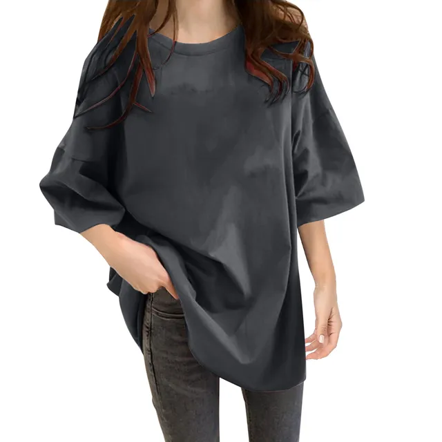 Womens Oversized Daily T-Shirts New Spring Summer Half Sleeve Crewneck T-Shirts Loose Fit Solid Color Basic T-Shirts Blouse 1