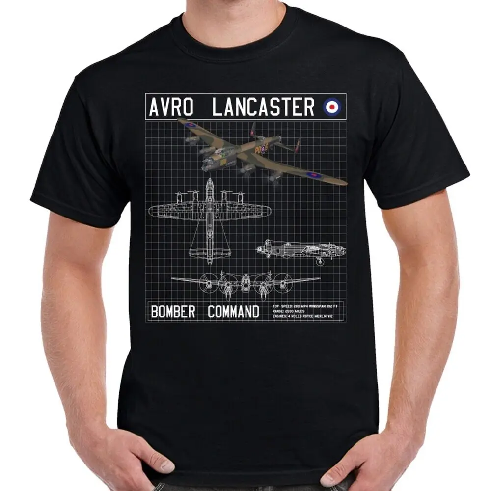 

British Avro Lancaster Heavy Bomber Command Schematic T-Shirt O-Neck Short Sleeve 100% Cotton Casual Mens T-shirt Size S-3XL