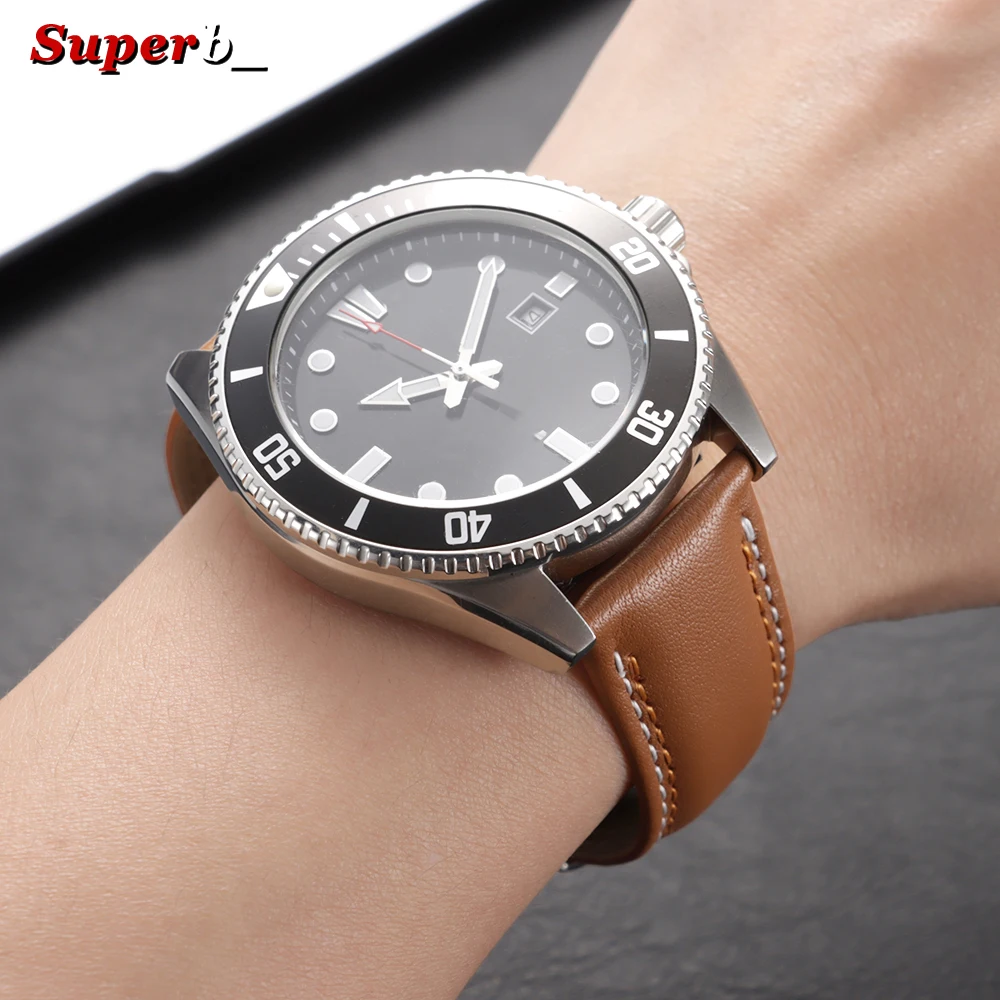 Premium Genuine Calfskin Leather Watch Strap with Butterfly Buckle and Dual Stitching