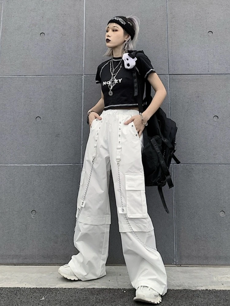 ADAgirl White Cargo Pants Women Streetwear Fashion Baggy Chain High Waist Wide Leg Casual Sweatpants Y2k Vintage Mujer Trousers