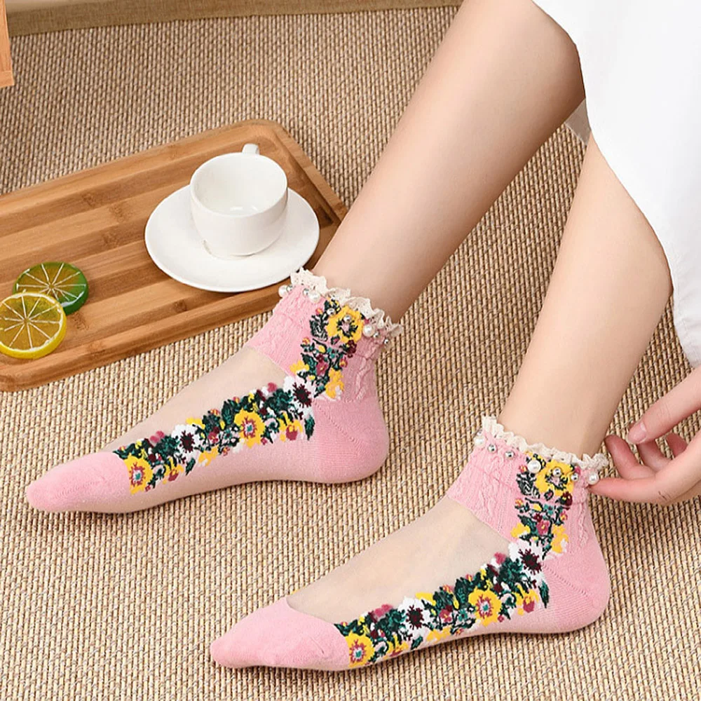 

Cute Breathable Shallow Mouth Spring Summer Mesh Boat Socks Short Socks Embroidery Flowers Socks Hosiery