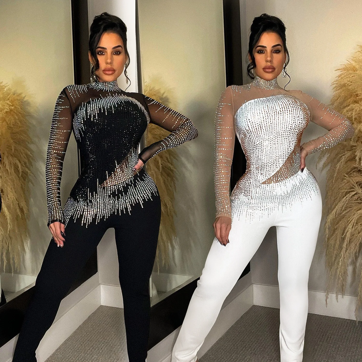 Diamonds Sheer Luxury Jumpsuit Women Mesh Sexy Club One Piece Outfit Design Patchwork Pencil Pant Female Fashion Party Jumpsuit