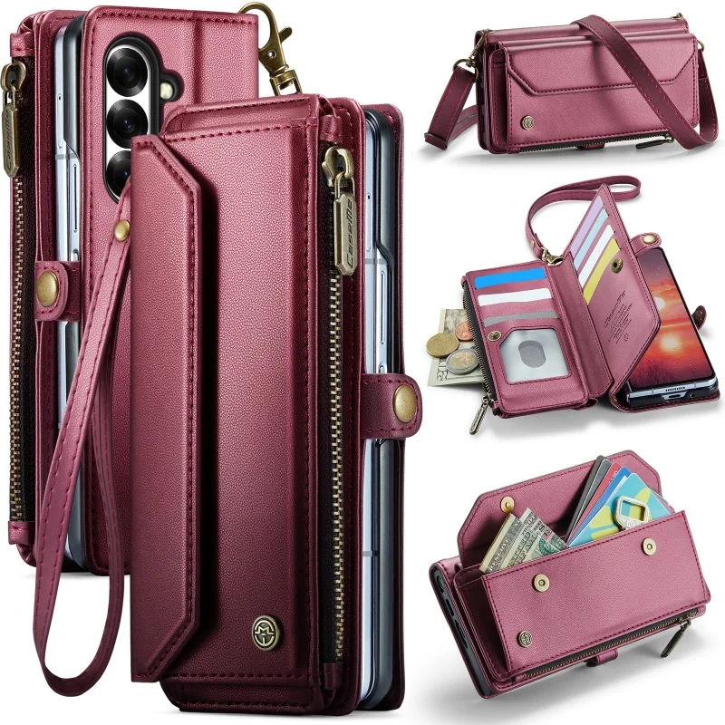 Lanyard Leather Zipper Wallet Card Phone Case with Crossbody Flip Stand Cover