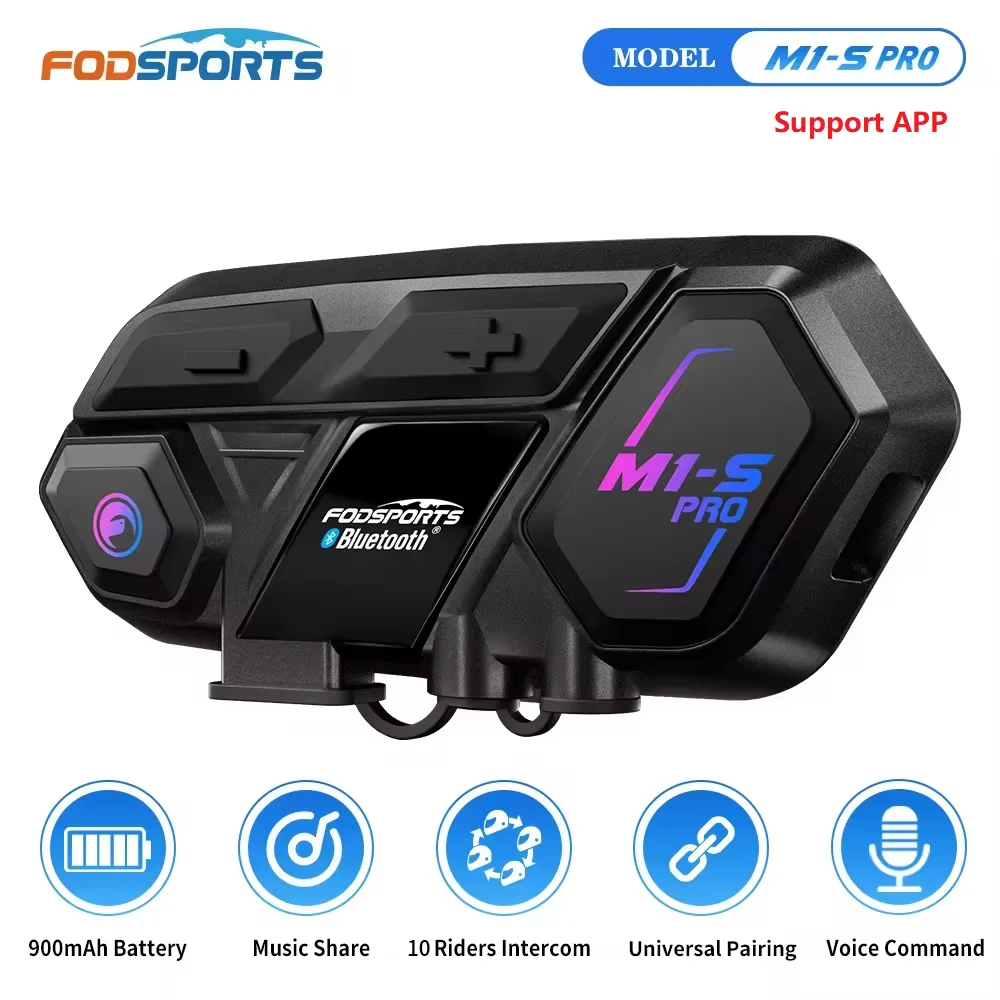 Fodsports M1-S Pro Motorcycle Intercom Bluetooth Helmet Headset 10 Riders 2000M Communicator BT Interphone,Support APP.