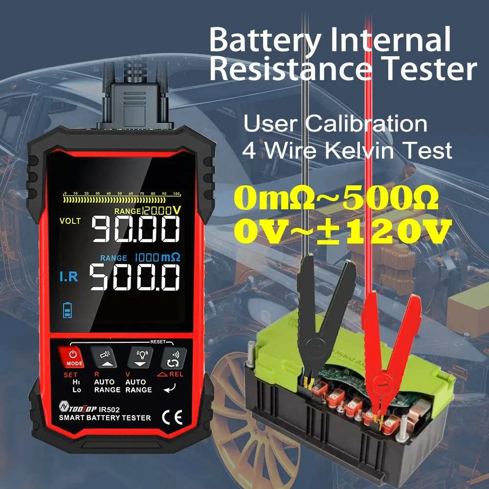 Resistance Tester TOOLTOP IR502 &plusmn;120V 500&Omega; Battery Internal Resistance Tester 4-Wire Kelvin Test Lead-acid Lithium Nickel-cadmium Batteries Tool