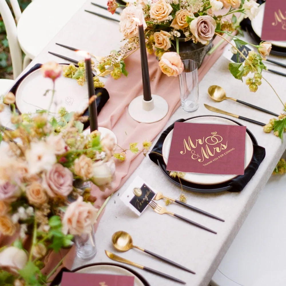 100pcs Bronzing Printed Mr Mrs Wedding Napkins 3-Ply Soft Cocktail Napkins Paper Disposable for Wedding Anniversary