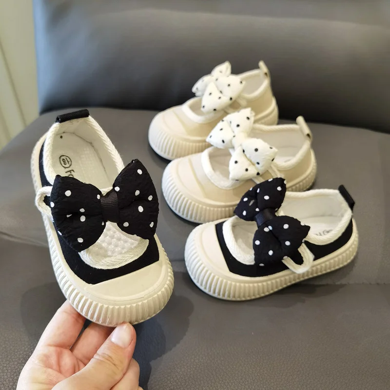 

2023 New Children Fashion Casual Shoes for Girls Polka Dot Printing Bow Hook & Loop Kids Round-toe Princess Canvas Shoes