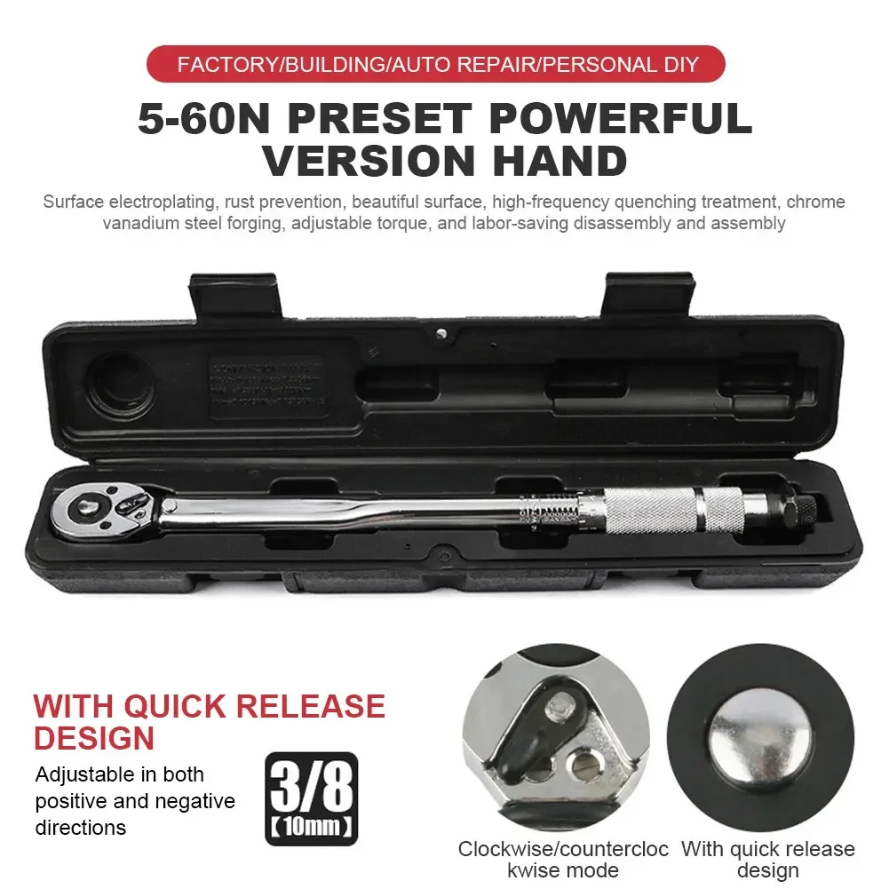 

Torque Wrench 3/8'' Drive 5-60N.m Reversible Ratchet Key Square Drive Precise Preset Adjustable Torques Key Car Repair Hand Tool