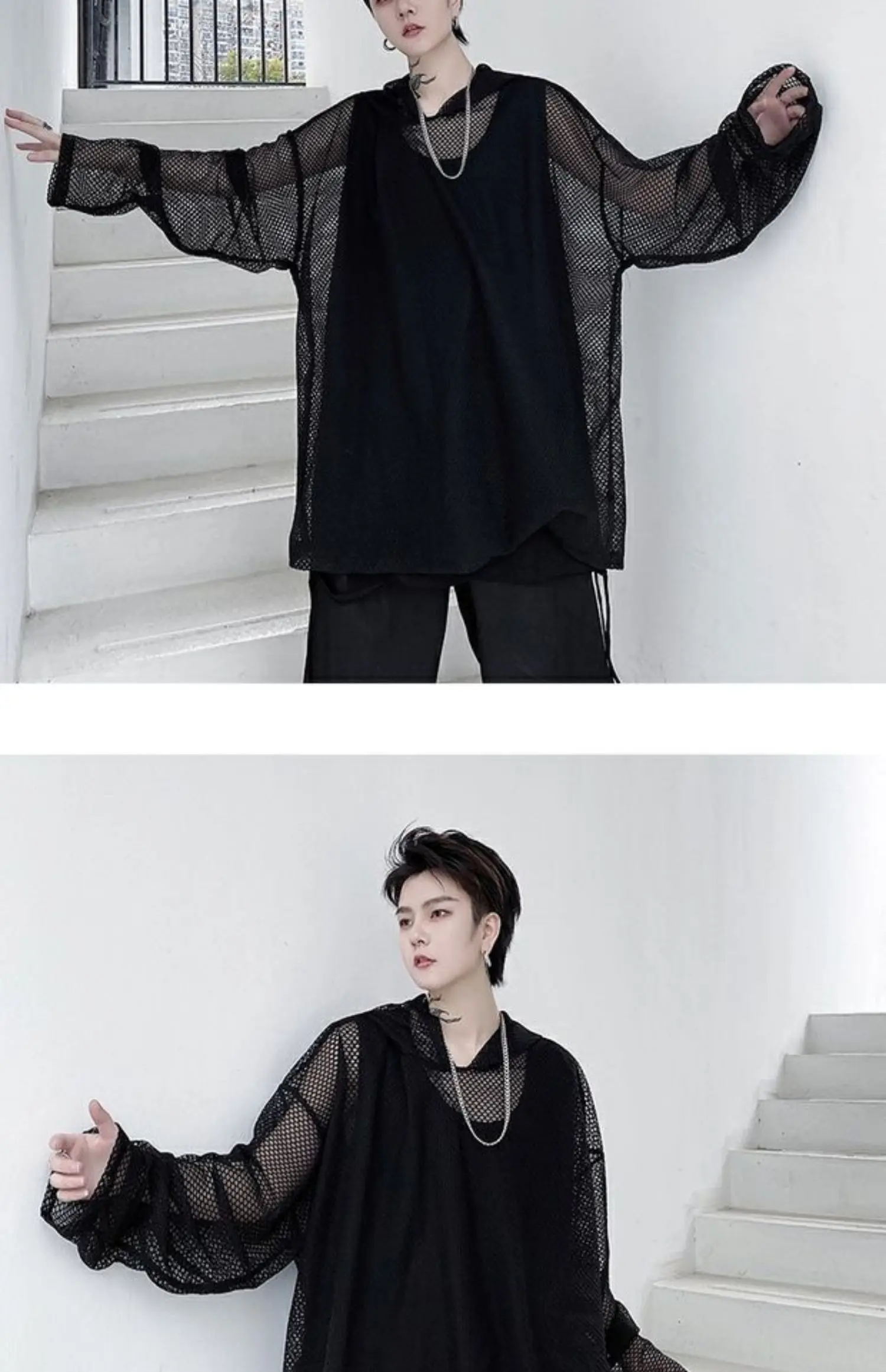 2024 Summer Dark Hollowed Out Mesh Hoodies T-shirt For Men Women Long Sleeves Loose Hooded Mesh Transparent Shirts
