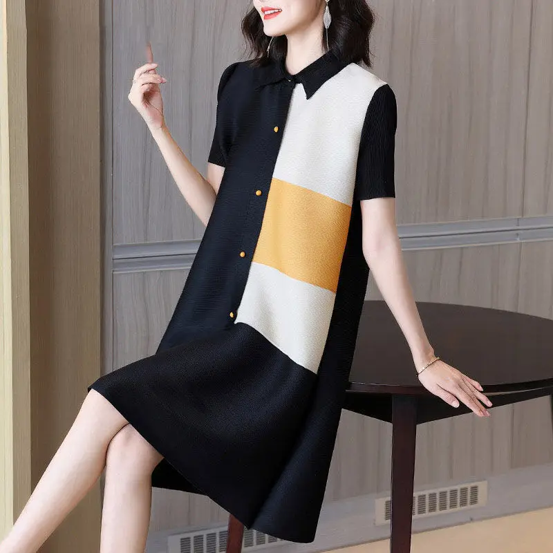

Dress 2023 Summer New Ruffled Solid POLO Collar Color Block Short Sleeve Mid length Dress Fashionable and Elegant Dress Female
