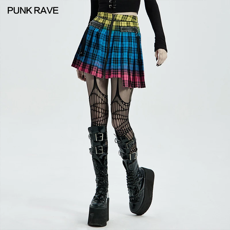 

PUNK RAVE Women Plaid Half Skirt Color Double Headed Zipper No Pockets Skirts Little Ghost Head Nails Mini