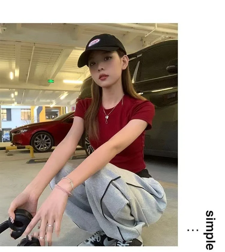 Description Picture 5 of itemShort Sleeve T-shirt Women Summer Spicy Girl Slim Fit Short Belly Exposing Red Top Trendy Comfortable Casual Style