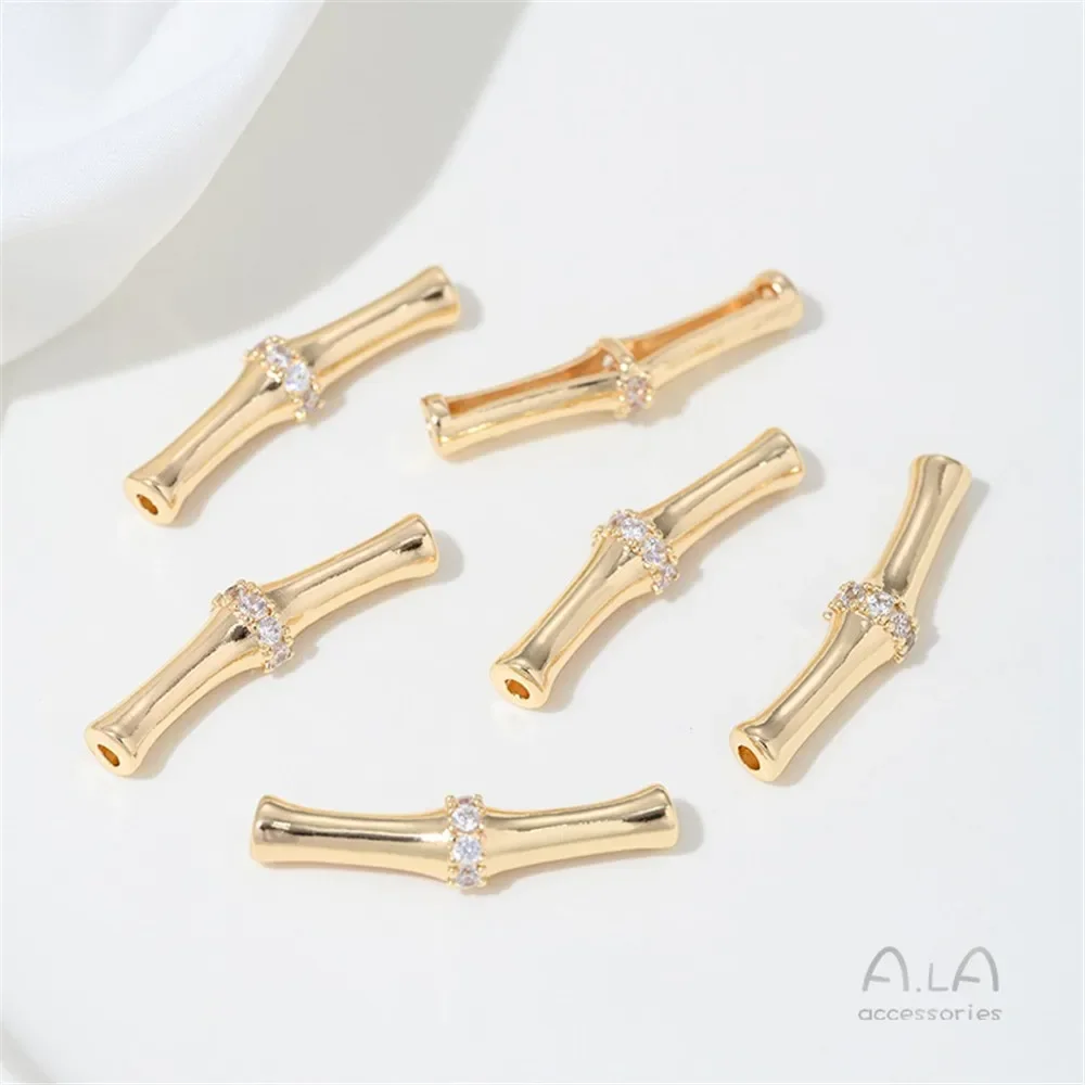 14K 금도금  지르코늄 인레이드 대나무 롱 튜브 비드 스페이서 엘보 펜던트 DIY 팔찌 목걸이 주얼리