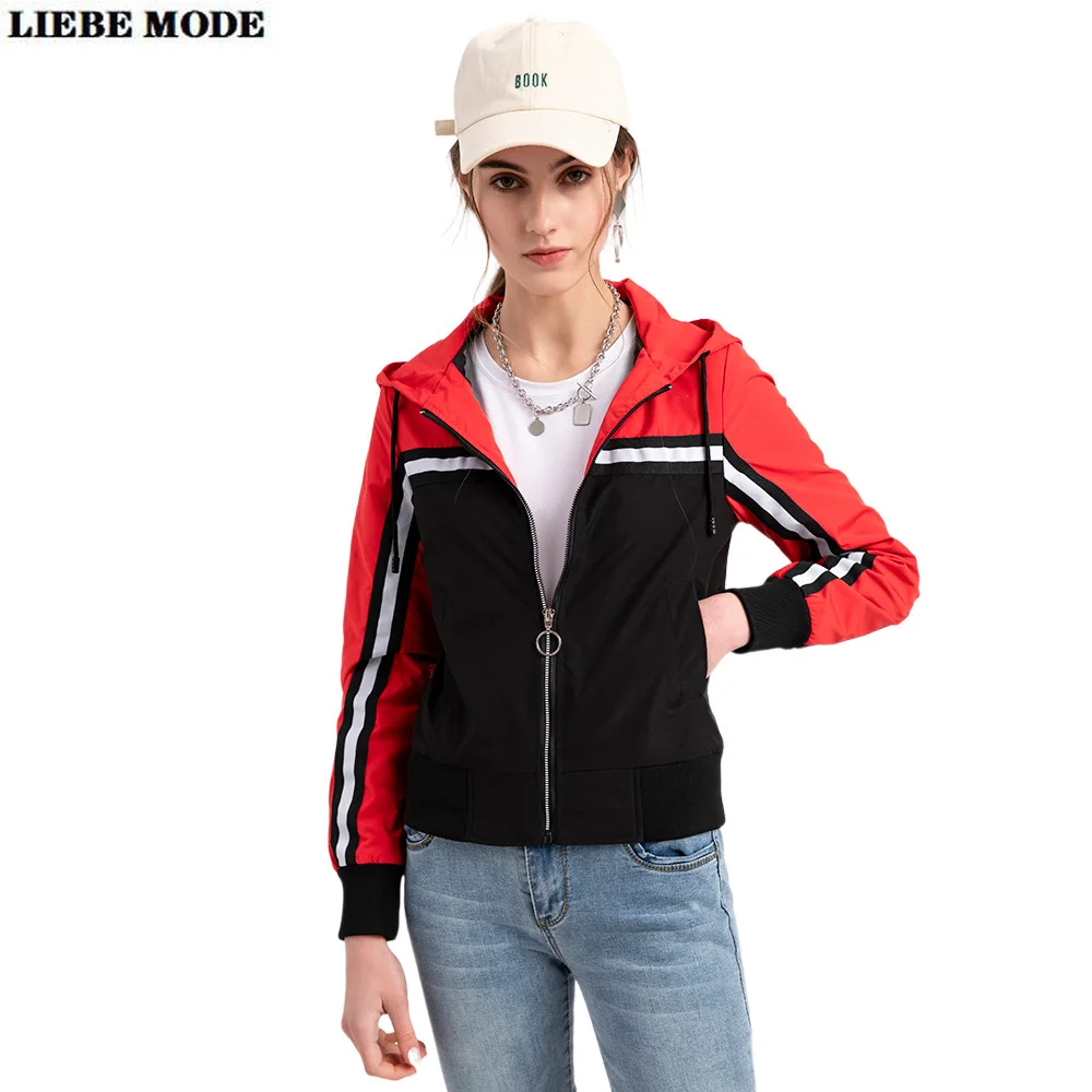 

Women's Patchwork Jacket Spring Summer Pocket Zipper Hooded Autumn Outwear Coat Loose Street Casual Windbreaker Jackets Famale