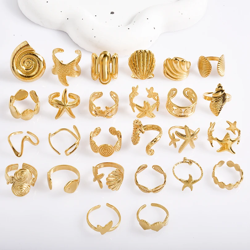 Echt Vergoldeter Meerestier-Ring Offener Verstellbarer Edelstahlring für Damen und Herren Accessoires PVD Ozean Strand Schmuck Anillos