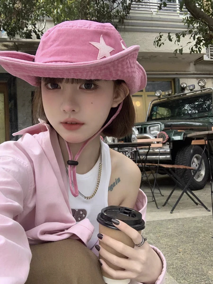 Žhavý výprodej růžových retro klobouků s velkou krempou, punkových hvězd Y2K, letních venkovních, slunečních, horolezeckých, kovbojských, ležérních, jazzových_voghion.com