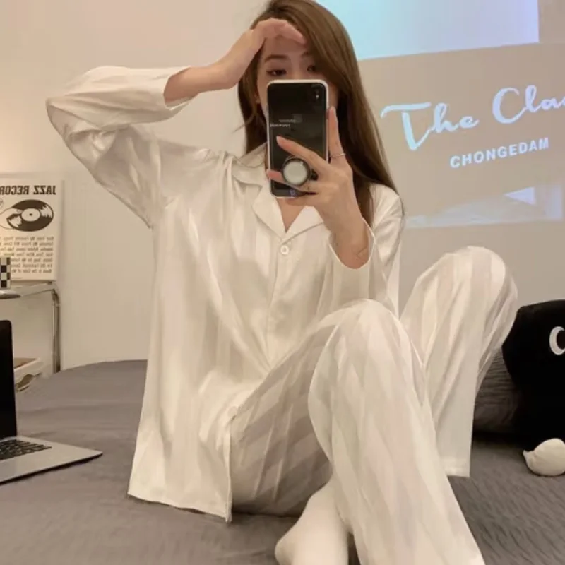 Women's Ice Silk 2 Piece Suit Pajamas Spring and Autumn Long-Sleeved Casual Striped Simple Loose Homewear Ladies Loungewear 5