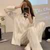 Women's Ice Silk 2 Piece Suit Pajamas Spring and Autumn Long-Sleeved Casual Striped Simple Loose Homewear Ladies Loungewear 5