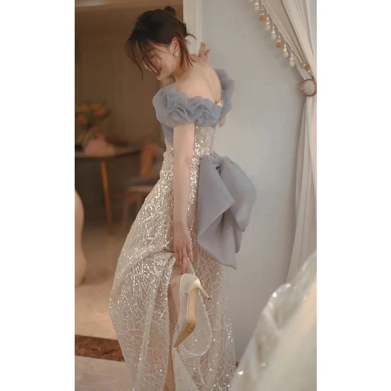 Fish Tail Evening dress wedding party Elegant Banquet Spring One Shoulder Sequins Party vestido de festa