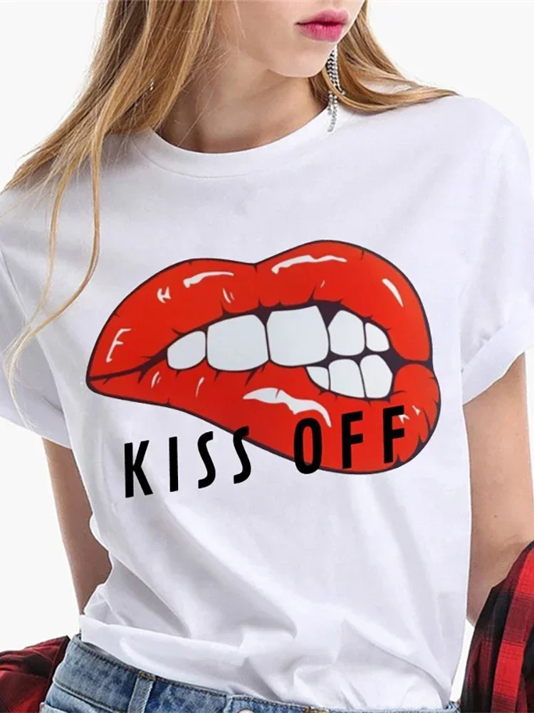 Camiseta de manga corta para mujer, blusa Sexy a la moda, Tops con labios rojos, beso divertido, ropa Harajuku blanca, Tops de calle Y2k