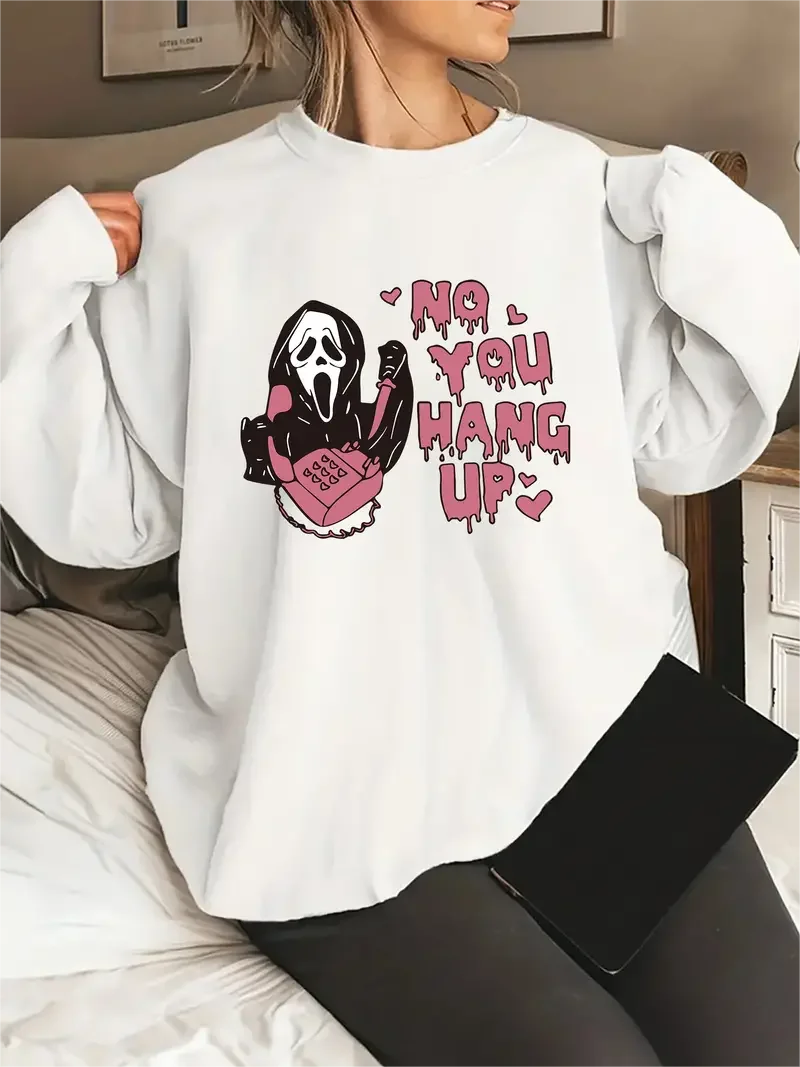 Grim Reaper Slogan Print Long Sleeve Round Neck Pullover Top Women's Plus Size Halloween Casual Sweatshirt