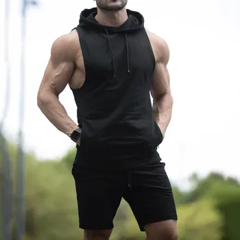 Angyfit 2pcs Sets Hooded Tank Top+shorts Men  Fitness  1