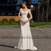 Lady Mermaid Wedding Dresses for Bride Customized Long Sleeevs Scoop Sequined Applique Sweep Train Back Buttons Bridal Gown 1