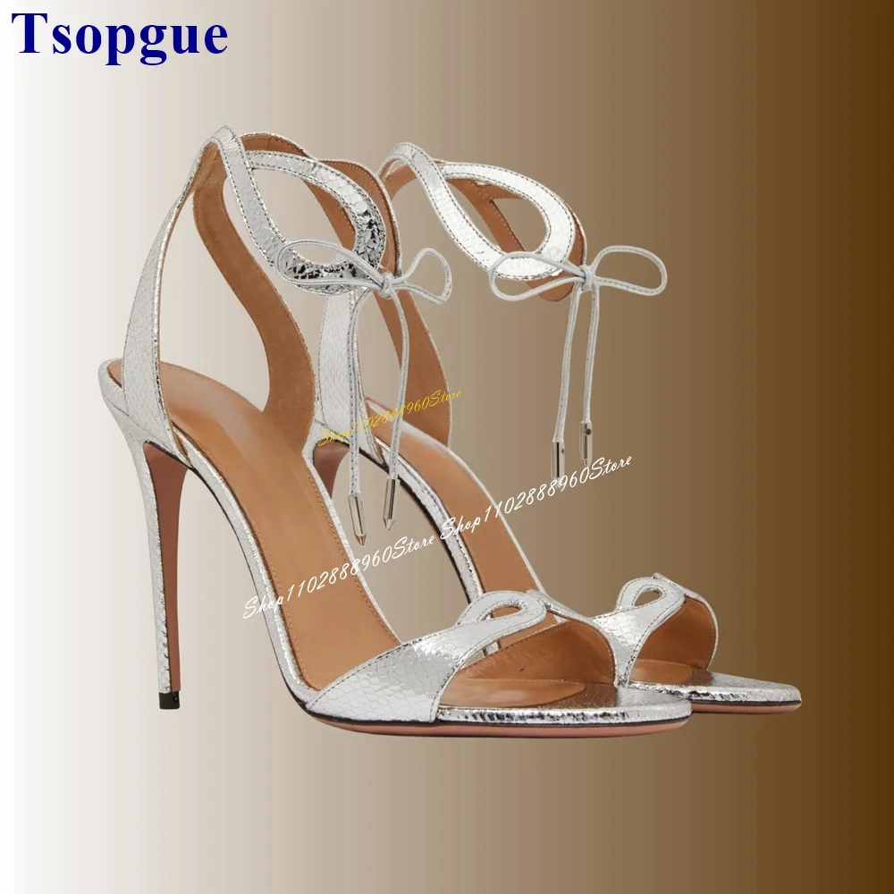 

Luxury Silver Shallow Snake Skin Sandals Cut Heel Thin High Heel Women Shoes Lace Up Open Toe 2024 Fashion Zapatos Para Mujere