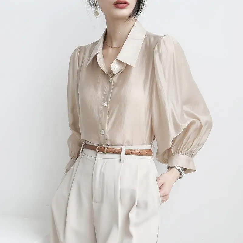 2024 Spring and Summer New Fashion Splicing Buttons Simplicity Solid Color Commuter Versatile POLO Collar Long Sleeved Shirt