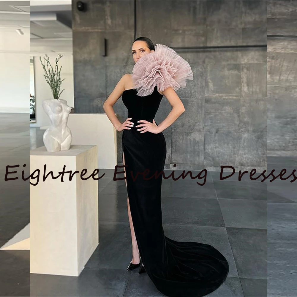 green evening gown Eightree Black Velour Mermaid Long Side Slit Evening Dresses Prom Dress One Shoulder Pink Flower Formal Party Gowns Graduation green evening dress