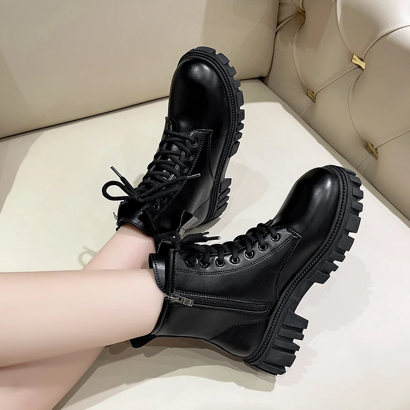 LazySeal Platform Ankle Boots Women Shoes Zipper Cross-tied Square 4.5cm Heel Round Toe Ankle Boots For Women Ladies Shoes