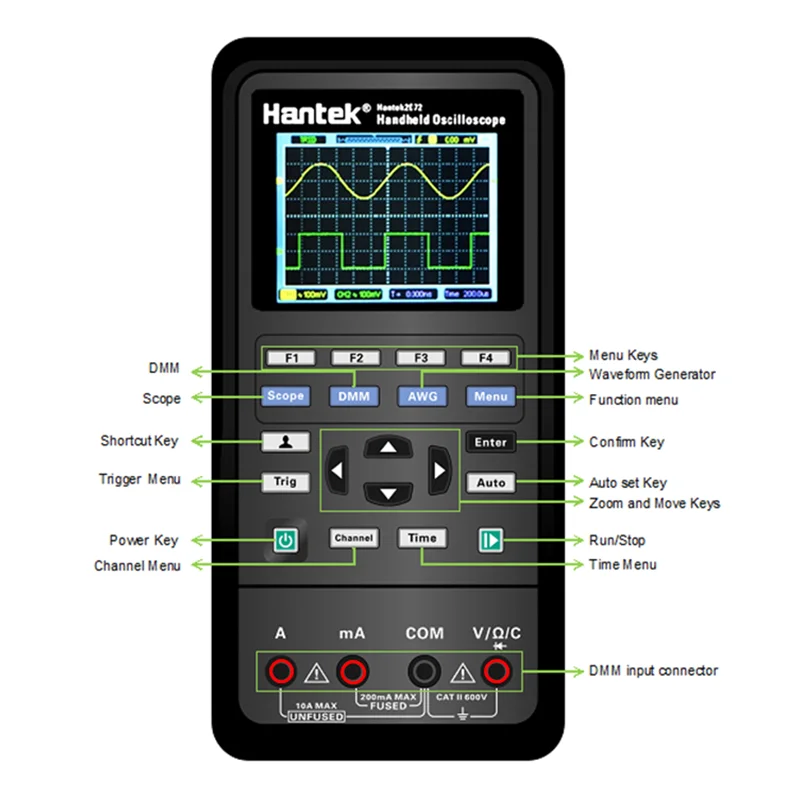 Hantek Digital Oscilloscope 2C72/2D72 3-In-1 Waveform Generator + Multimeter Portable + USB Oscilloscope 2-Channel 40mhz