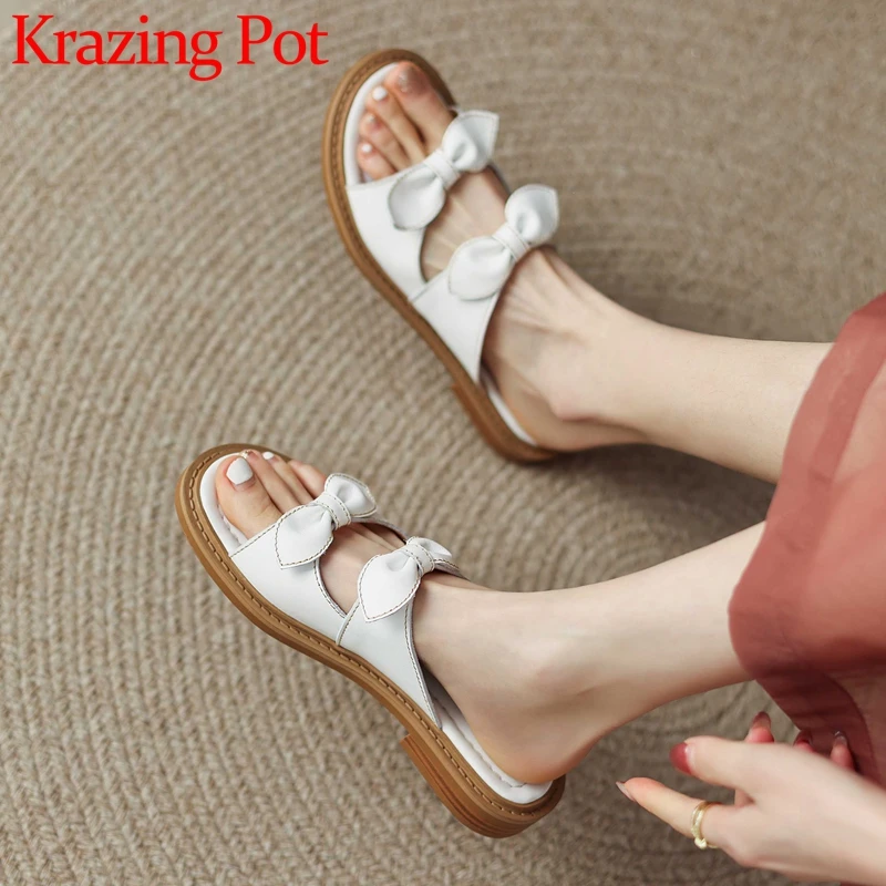 

Сланцы Krazing Pot из натуральной кожи, уличная модная Красивая Дамская уличная одежда с бантом-бабочкой, Нескользящие базовые шлепанцы L26