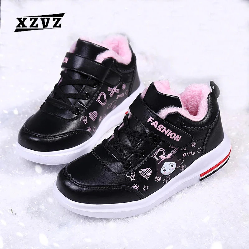 

New Kids Shoes Winter Warm Girls Cotton Sneakers Waterproof Leather Children's Shoes Non-slip Casual Girls Sports Sneakers