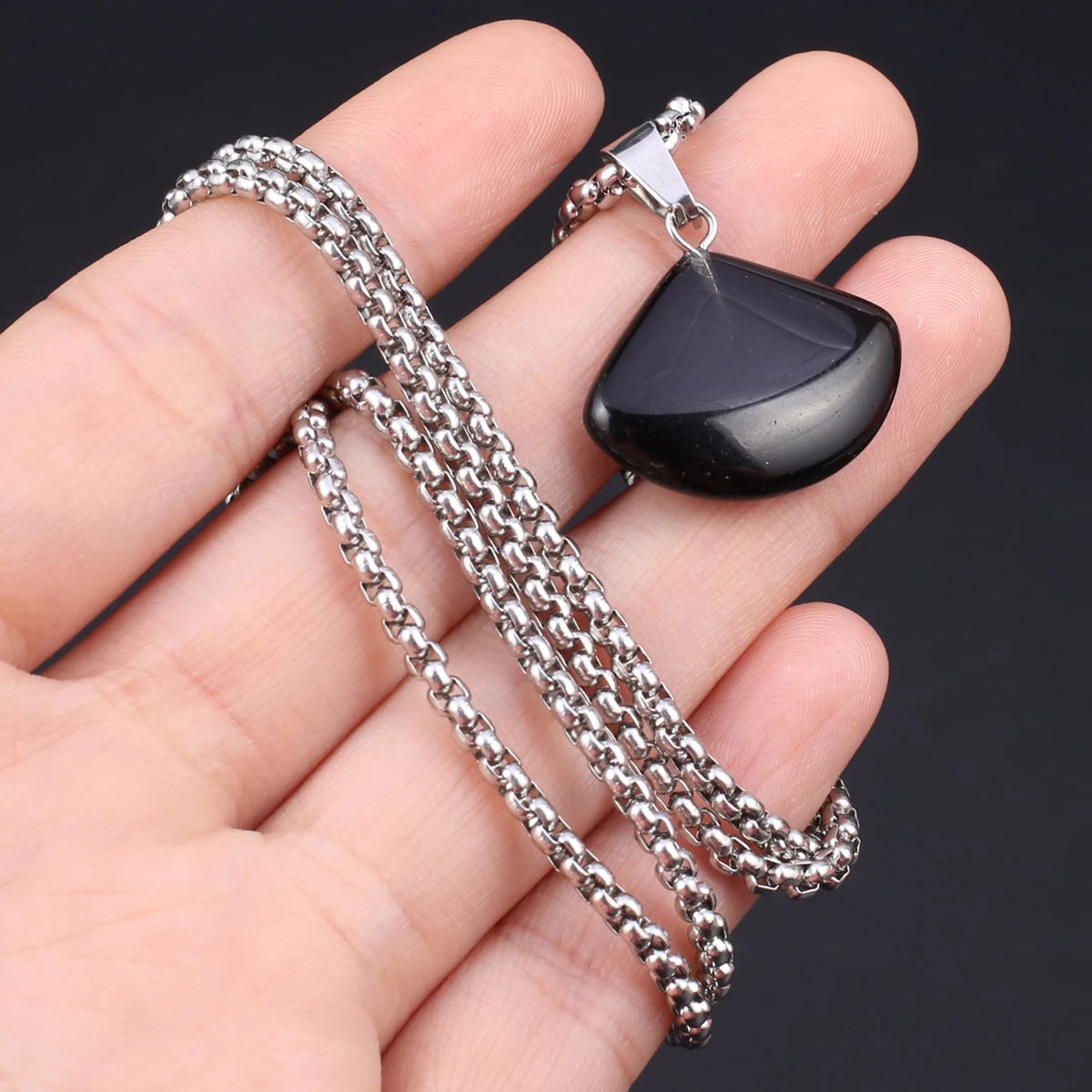 Natural Stone Fan Shaped Pendant Necklace Pink Crystal Black Agate Opal