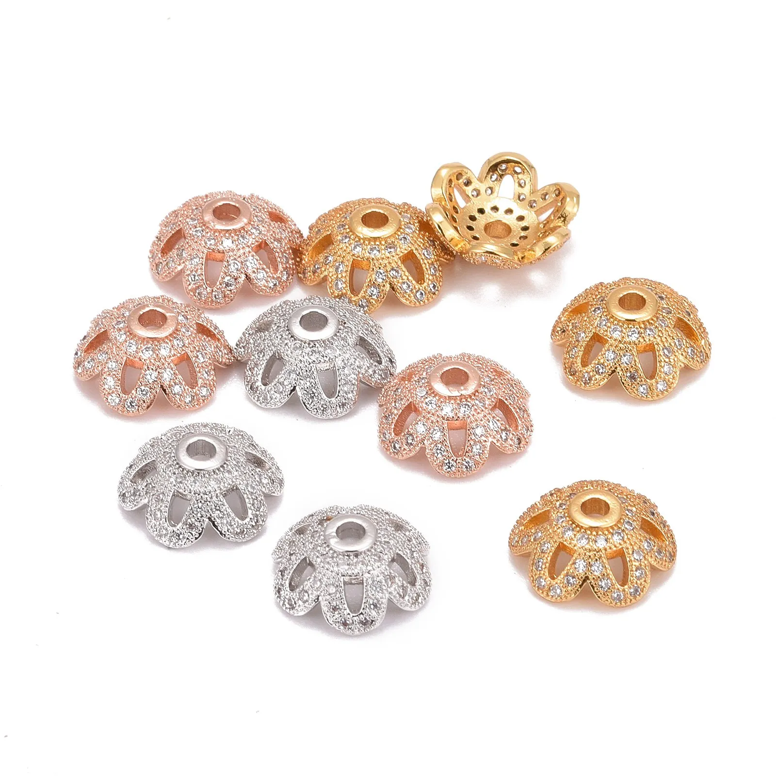 

10pcs 6-Petal Flower Brass Micro Pave Cubic Zirconia Bead Caps Random Mix Color for Bracelet Necklace DIY Jewelry Make Findings