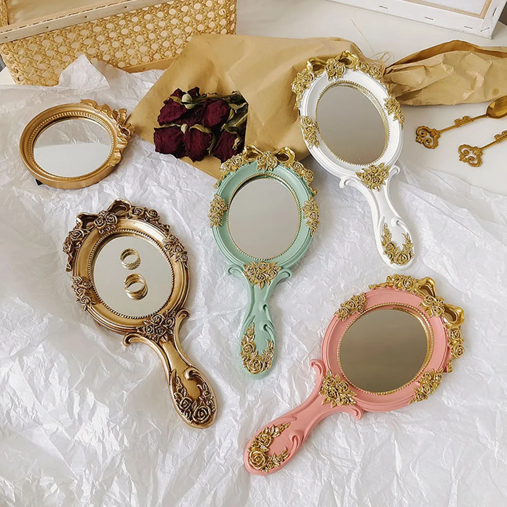 

Винтажное резьбовое зеркало для макияжа с ручкой, портативное домашнее зеркало для туалетного столика для женского декора комнаты