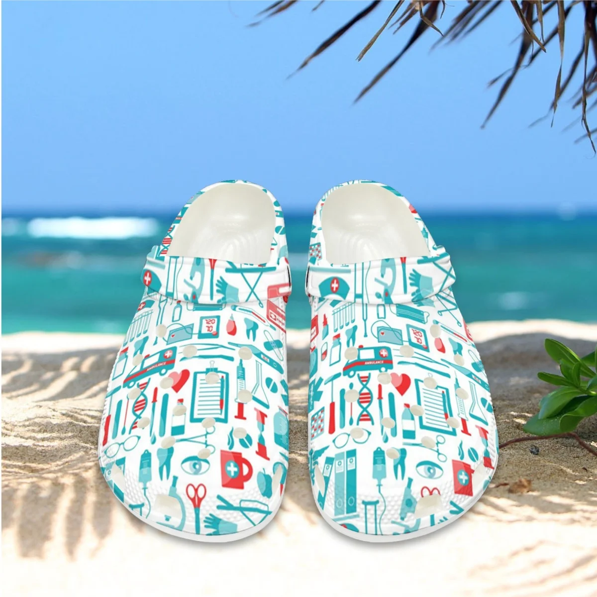 

ELVISWORDS EMT EMS Paramedic Pattern Beach Slippers Casual Unisex Hole Shoes for Women Nursing Flats Hospital Indoor Work Sandal