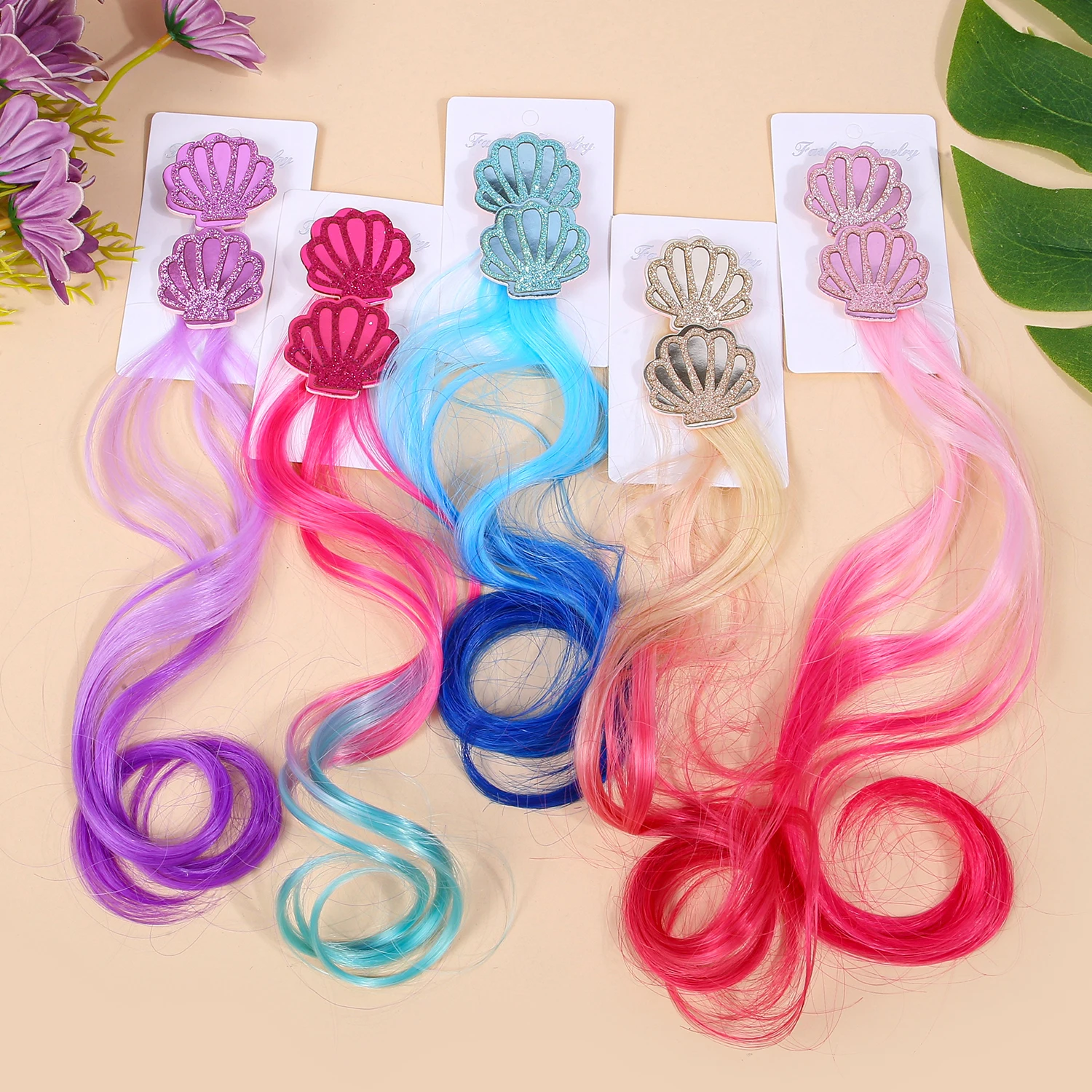 2 uds. Pinzas para el cabello trenzadas a la moda para niñas, peluca trenzada larga con lentejuelas de sirena, horquillas con concha, accesorios para el cabello para niños
