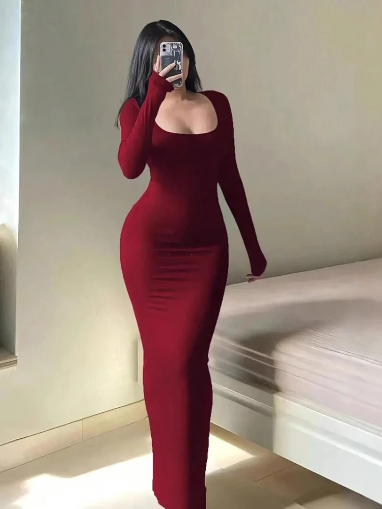 Women's Solid Long Sleeve Bodycon Dress, Chic Basic Minimalist Causual Fashion Scoop Neck Long Dress, Womenswear