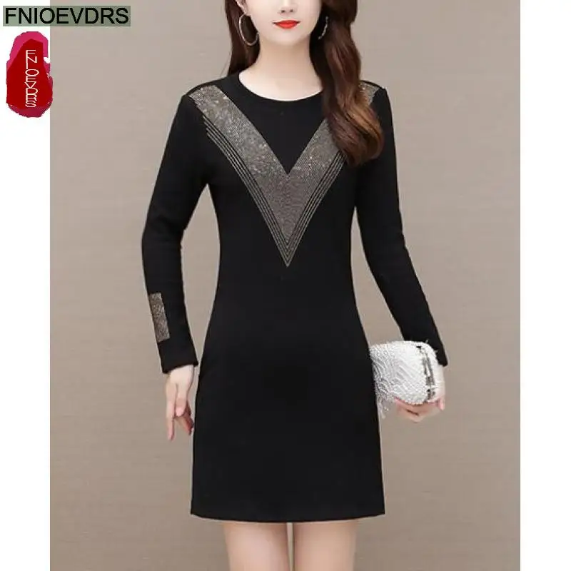 M-5Xl Warm Black Velvet Mini Dress 2023 Women Winter Basic Wear Fashion Bling French Design Little Black Dresses