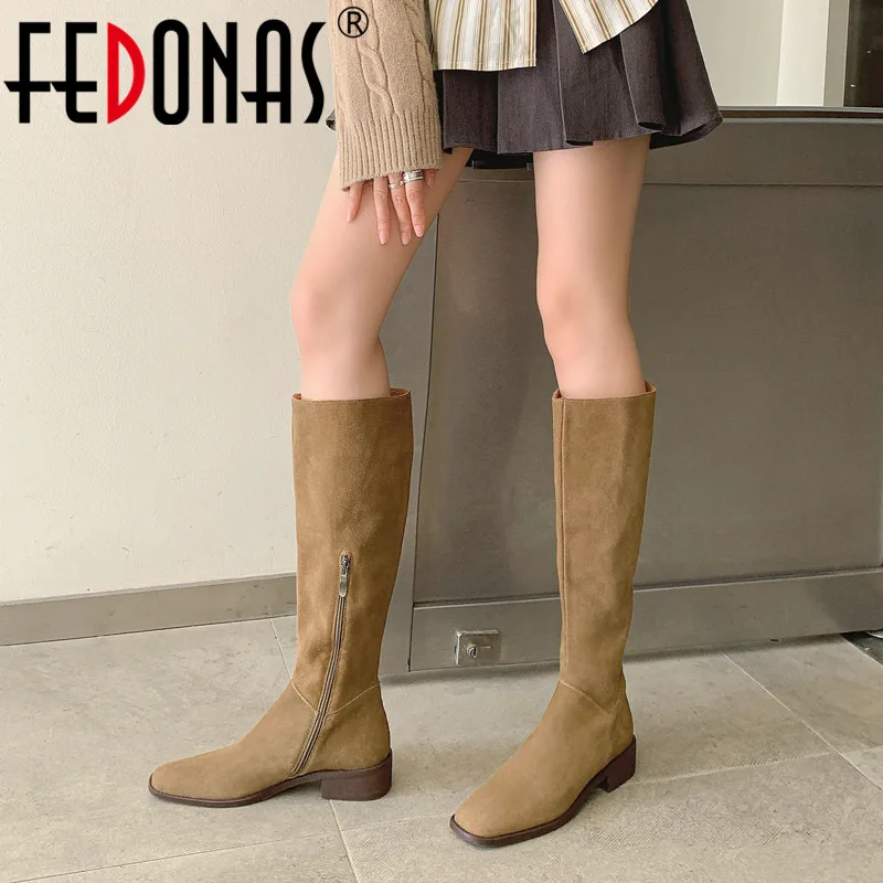 

FEDONAS Mature Elegant Women Knee-High Boots Zipper Low Heels Cow Suede Leather High Quality Autumn Winter Office Shoes Woman