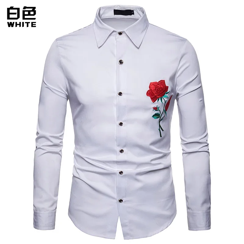 Retro Floral Men Long Sleeve Dress Shirt Rose Embroidery Hawaiian Shirt Social Streetwear men casual shirt men hawaiian shirt long sleeve shirt