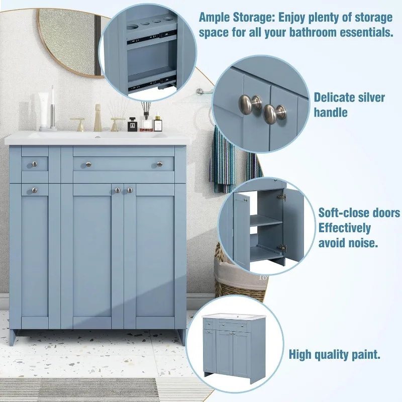 30" Bathroom Vanity with Single Sink, Combo Cabinet Undermount Sink, Solid Wood Frame Bathroom Storage Cabinet, 4